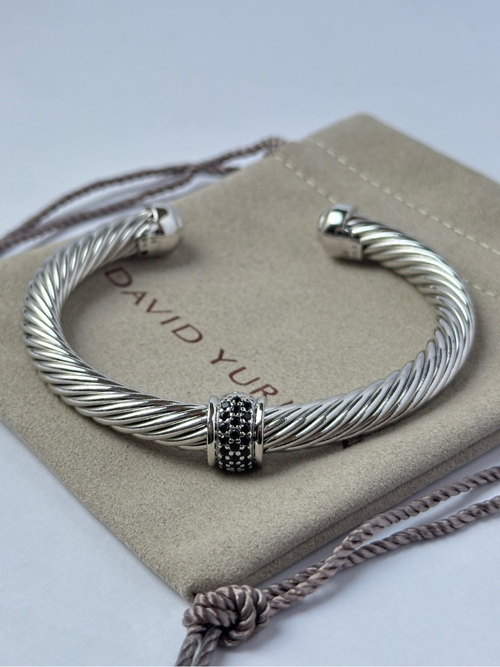David Yurman Sterling Silver Black Diamond Cable Station Bracelet Size Large